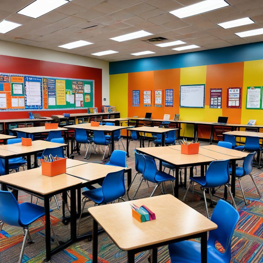 A lively school community scene set in Illinois' U-46 School District, featuring diverse students actively engaged in collaborative learning activities in a modern classroom. Include teachers guiding students, colorful educational resources like books, laptops, and project displays. Showcase a sense of innovation and unity. super-realistic. vibrant colors.