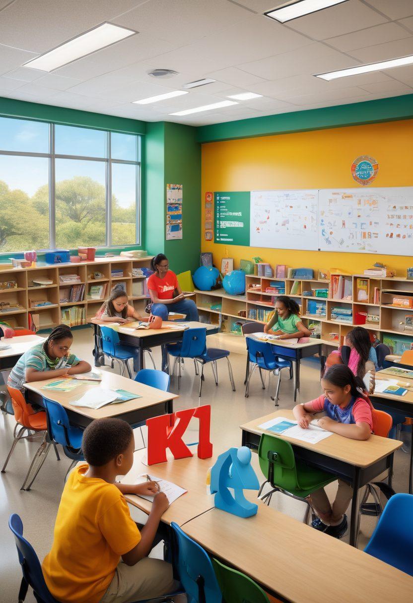 A bustling classroom filled with enthusiastic K-12 students engaging in various learning activities, supported by attentive teachers and involved parents. A sense of community and collaboration. Diverse backgrounds and inclusive representation. U-46 logo subtly integrated. vibrant colors, super-realistic.