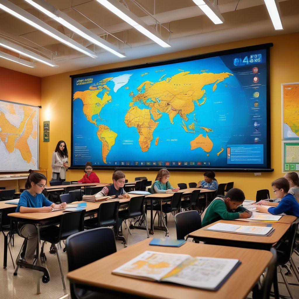 An inspiring scene of students in a modern classroom, engaging with diverse learning resources like books, tablets, and science experiments. A teacher guides them, illustrating growth and collaboration. The backdrop includes a large map of U-46 School District. warm lighting. super-realistic. vibrant colors.